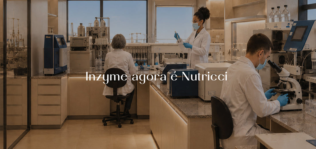 Laboratório do Grupo Audacci em arte institucional anunciando a transição da Inzyme para Nutricci, marca brasileira de suplementos alimentares, probióticos e nutracêuticos.