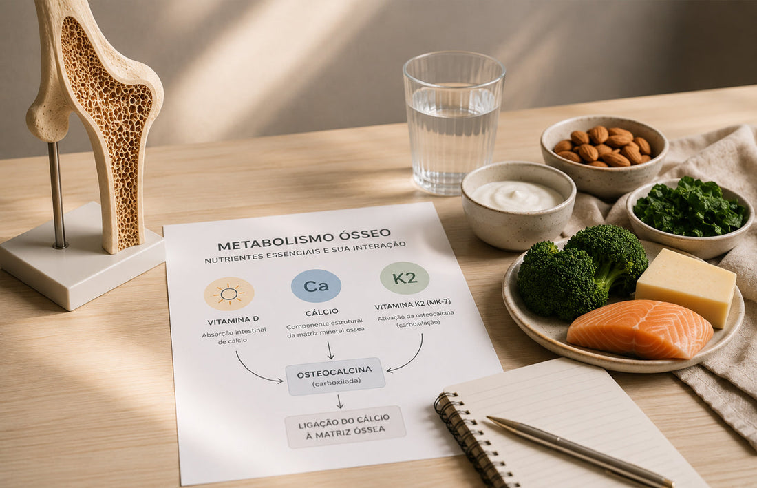 Composição editorial com modelo de estrutura óssea, alimentos associados ao suporte nutricional e material técnico sobre metabolismo ósseo, representando a relação entre vitamina K2 MK-7, vitamina D, cálcio e saúde óssea.