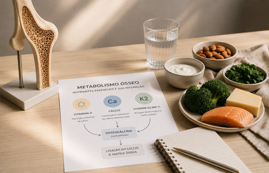 Composição editorial com modelo de estrutura óssea, alimentos associados ao suporte nutricional e material técnico sobre metabolismo ósseo, representando a relação entre vitamina K2 MK-7, vitamina D, cálcio e saúde óssea.