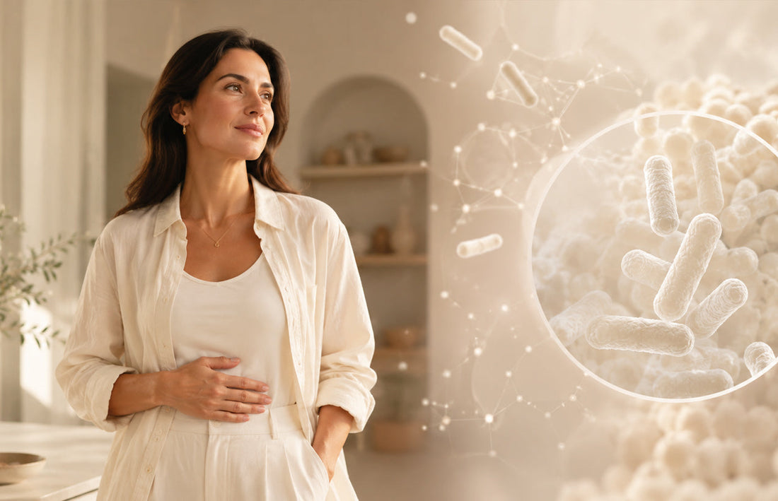 Mulher em ambiente claro e acolhedor com a mão sobre o abdômen, ao lado de ilustração conceitual de bactérias probióticas, representando Lacticaseibacillus rhamnosus GG, microbiota intestinal e cuidado intestinal.