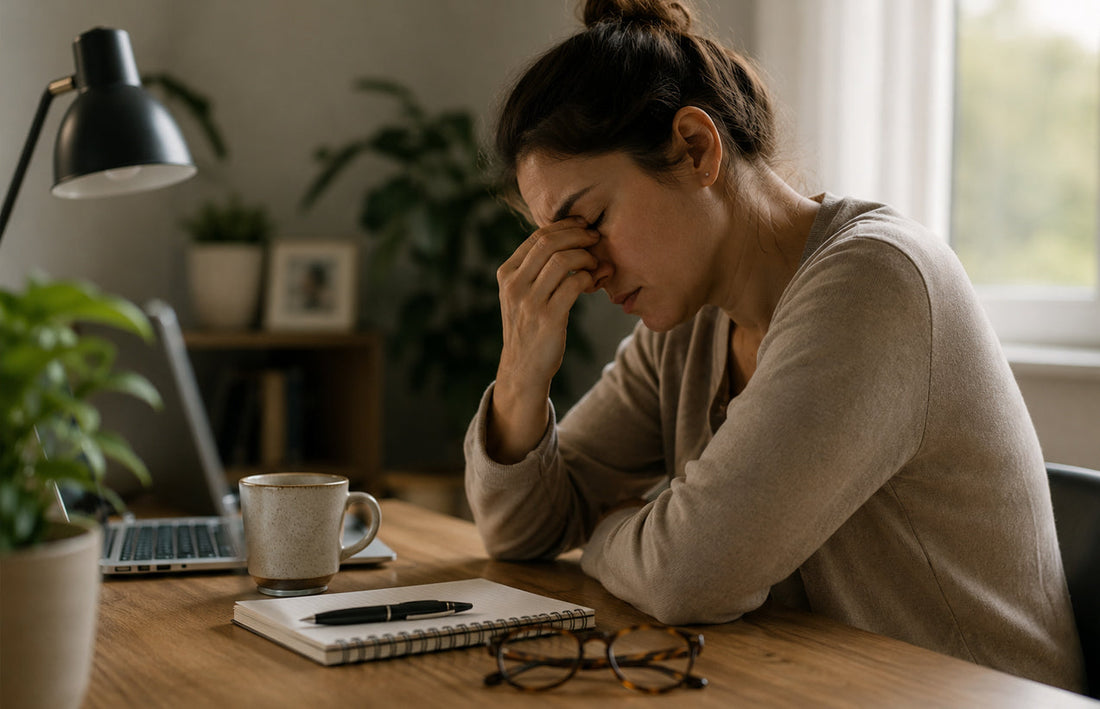 Mulher sentada à mesa de trabalho com expressão de cansaço, representando baixa disposição e a importância de avaliar alimentação, ingestão de magnésio, metabolismo energético e contexto individual
