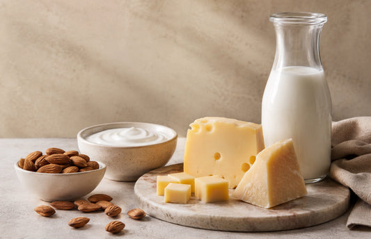 Composição com leite, queijos, iogurte e amêndoas sobre mesa neutra, representando fontes alimentares de cálcio em contexto de baixa ingestão de cálcio e cuidado nutricional.