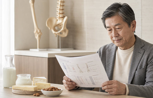 Homem japonês com mais de 60 anos analisando orientação nutricional sobre saúde óssea, com alimentos fontes de cálcio ao lado e modelo anatômico de osso ao fundo, representando cuidado com cálcio, vitamina D e alimentação depois dos 50.