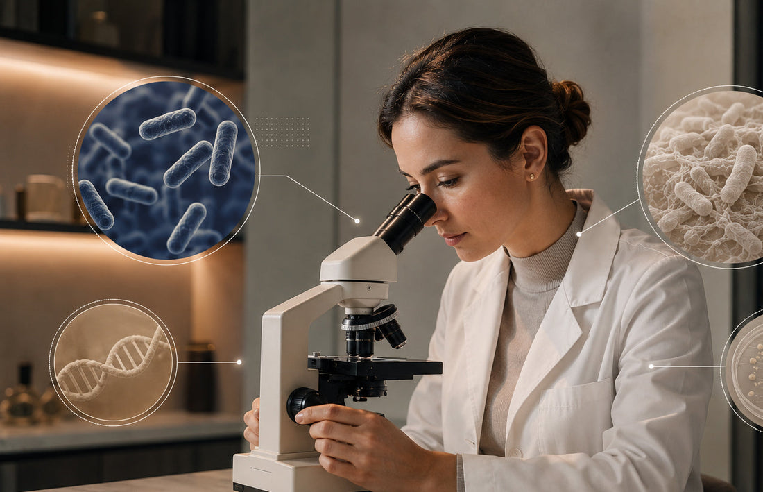 Cientista em laboratório analisando amostra ao microscópio, com ilustrações conceituais de cepas probióticas, bactérias e cultura microbiológica, representando identificação, rastreabilidade e estudo técnico de probióticos.