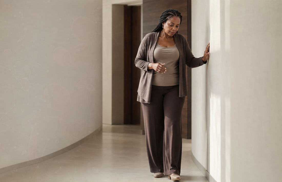 Mulher negra de meia-idade com tranças apoia a mão na parede de um corredor, sugerindo cansaço e leve dificuldade de equilíbrio associados à falta de vitamina B12.