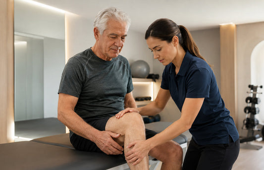 Fisioterapeuta realizando atendimento de fisioterapia no joelho de um idoso em ambiente clínico moderno, representando cuidado funcional, mobilidade e reabilitação na maturidade.