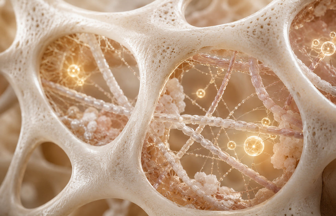 Imagem conceitual de matriz óssea com fibras de colágeno e estrutura mineral, representando Fortibone®, peptídeos específicos de colágeno e suporte nutricional para ossos, dentes e articulações.