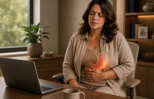 Mulher adulta com desconforto gástrico e ilustração do estômago, em artigo sobre gastrite, H. pylori, sintomas digestivos e probióticos.