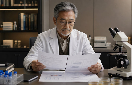 Cientista em laboratório analisando documentos técnicos ao lado de microscópio, representando a leitura científica sobre a diferença entre Lactobacillus rhamnosus GG e Lacticaseibacillus rhamnosus GG em probióticos.
