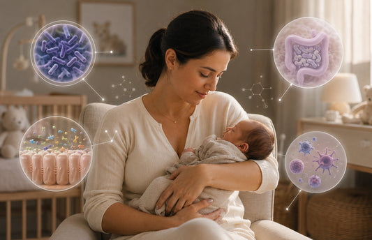 Mãe segurando bebê recém-nascido em ambiente acolhedor, com ilustrações conceituais de microbiota intestinal, barreira intestinal e sistema imune, representando a formação da microbiota no começo da vida.