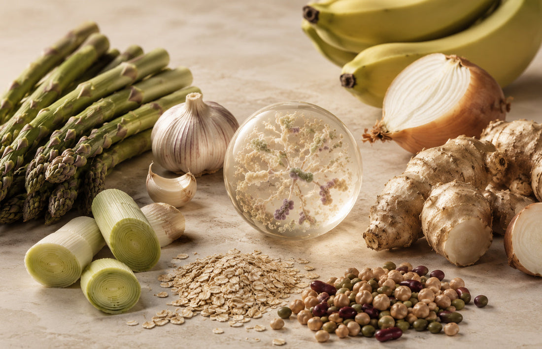 Composição horizontal com alimentos fontes de prebióticos, como aspargos, alho, cebola, banana, aveia, leguminosas e raízes, com elemento visual de microbiota ao centro, representando prebióticos, fibras alimentares e cuidado da microbiota intestinal.