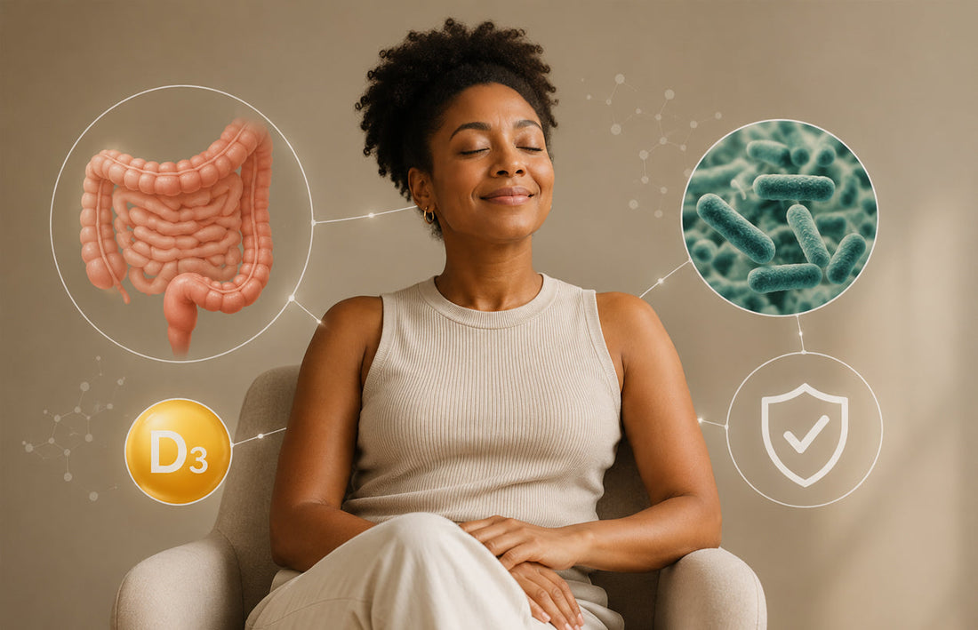 Mulher negra madura sentada em ambiente interno neutro, com ilustrações conceituais de microbiota intestinal, intestino, vitamina D3 e sistema imune, representando cuidado intestinal e suporte nutricional