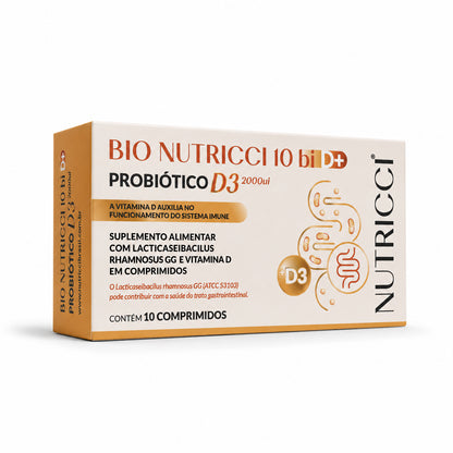 Mockup do Bio Nutricci D, probiótico com Lacticaseibacillus rhamnosus GG e vitamina D3 2000 UI, em embalagem de 10 comprimidos