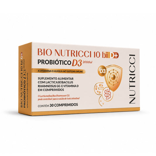 Mockup do Bio Nutricci D, probiótico com Lacticaseibacillus rhamnosus GG e vitamina D3 2000 UI, em embalagem de 30 comprimidos