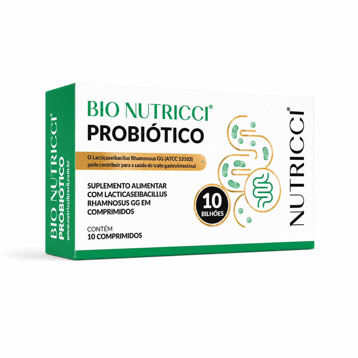 Mockup do Bio Nutricci Probiótico com Lacticaseibacillus rhamnosus GG, cepa LGG, 10 bilhões, em embalagem com 10 comprimidos