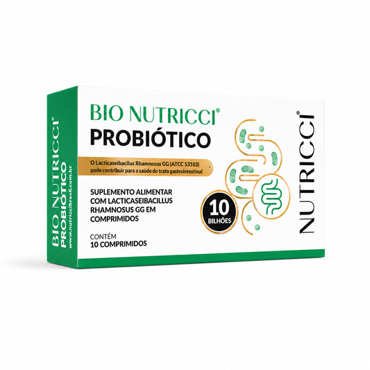 Mockup do Bio Nutricci Probiótico com Lacticaseibacillus rhamnosus GG, cepa LGG, 10 bilhões, em embalagem com 10 comprimidos