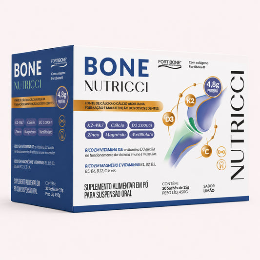 Embalagem do suplemento alimentar Bone Nutricci em pó com colágeno Fortibone, cálcio, vitamina D3, K2-MK7, zinco, magnésio e metilfolato.