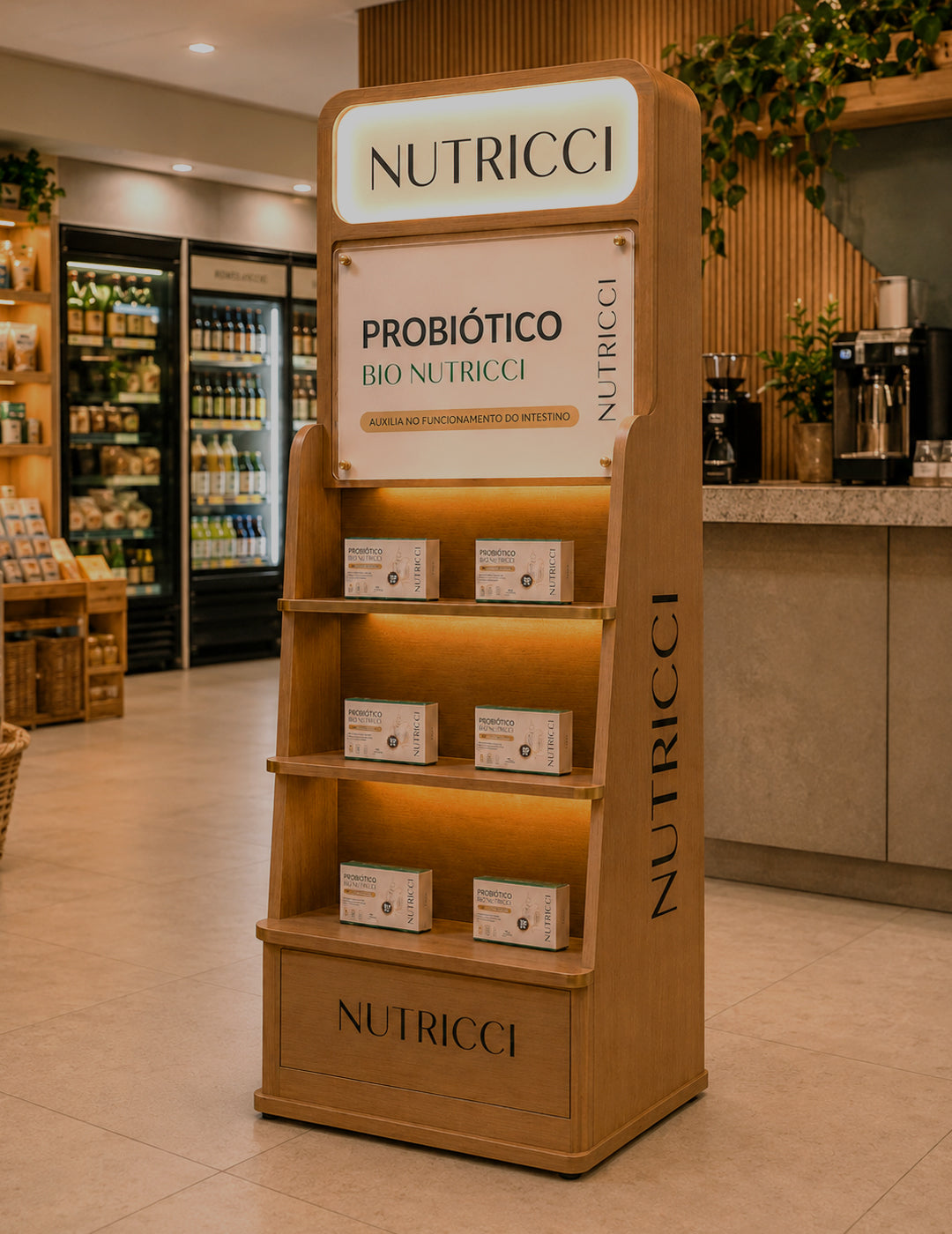 Display da Nutricci no PDV Base Mercado Saudável, na Zona Norte de São Paulo, com exposição de Bio Nutricci para ativação comercial, venda e fortalecimento da marca no ponto de venda