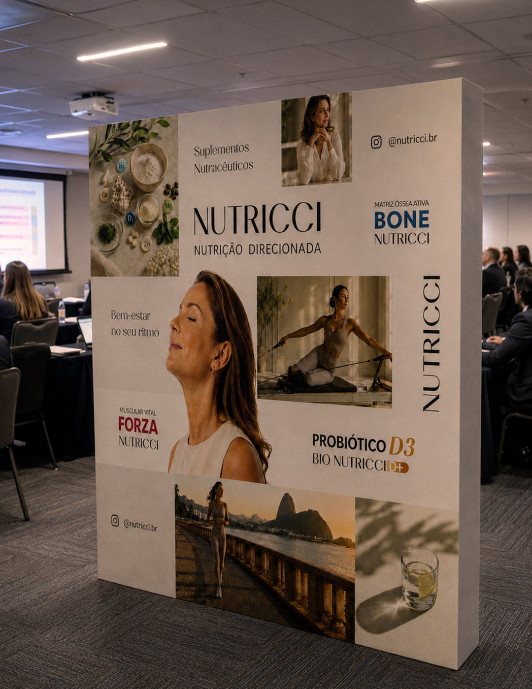 Backdrop da Nutricci em evento médico no Estanplaza Funchal, na Faria Lima, em São Paulo, com comunicação sobre nutrição direcionada e suplementos nutracêuticos
