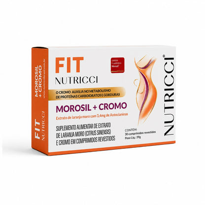 Caixa do FIT Nutricci com autentico Morosil + Cromo, suplemento alimentar em comprimidos revestidos com extrato de laranja Moro e picolinato de cromo