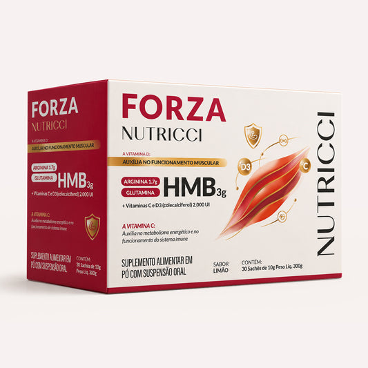 Embalagem do suplemento alimentar Forza Nutricci em pó com HMB, arginina, glutamina e vitaminas C e D3.