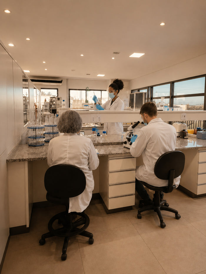 Equipe técnica em laboratório de pesquisa e desenvolvimento