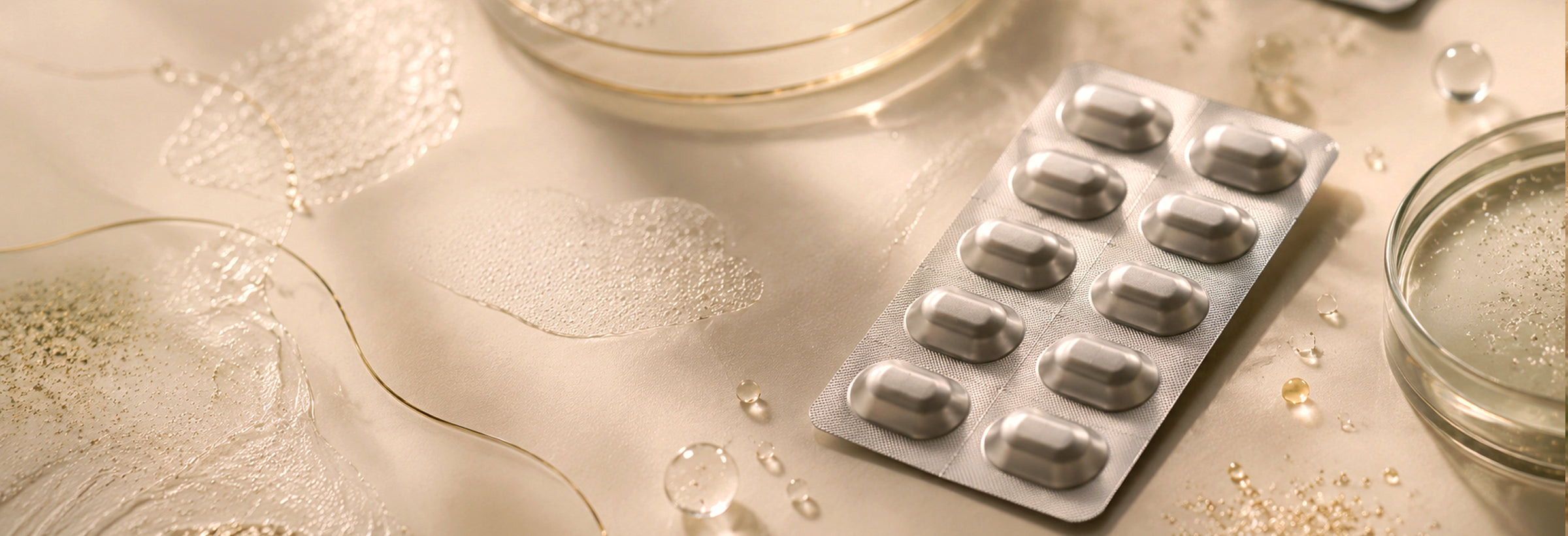 Imagem editorial de blister individual aluminizado para probióticos, representando proteção da dose contra umidade, oxigênio e luz