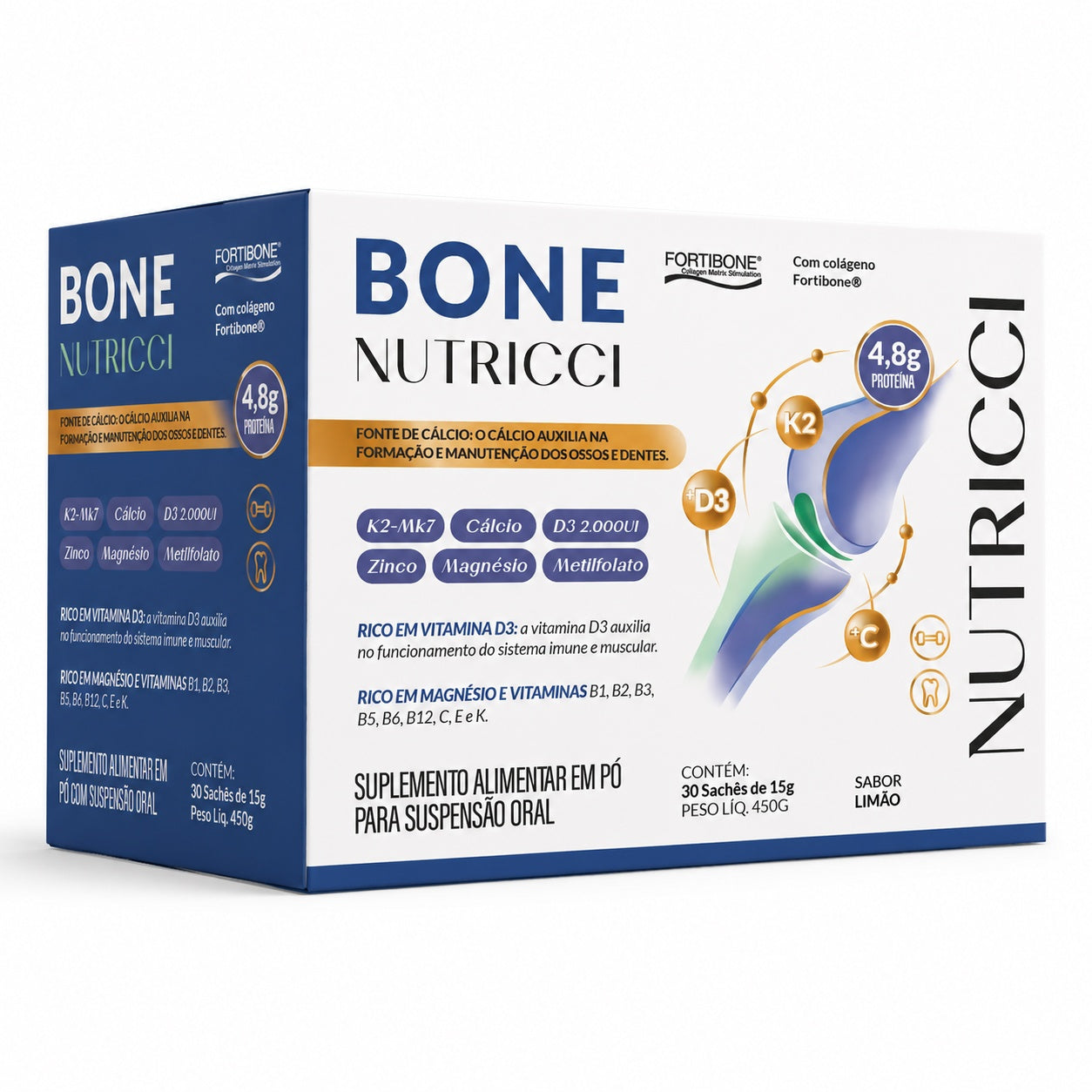 Embalagem do suplemento alimentar Bone Nutricci em pó com colágeno Fortibone, cálcio, vitamina D3, K2-MK7, zinco, magnésio e metilfolato, para osteoporose e recuperacao de massa ossea