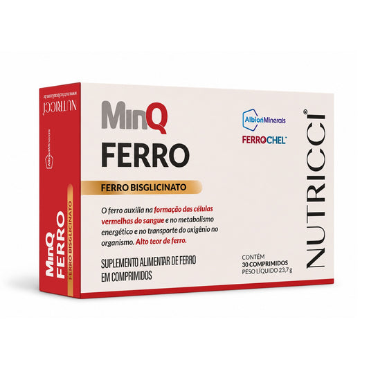 Mockup do suplemento alimentar MinQ Ferro Nutricci com ferro bisglicinato Ferrochel Albion Minerals, em embalagem com 30 comprimidos